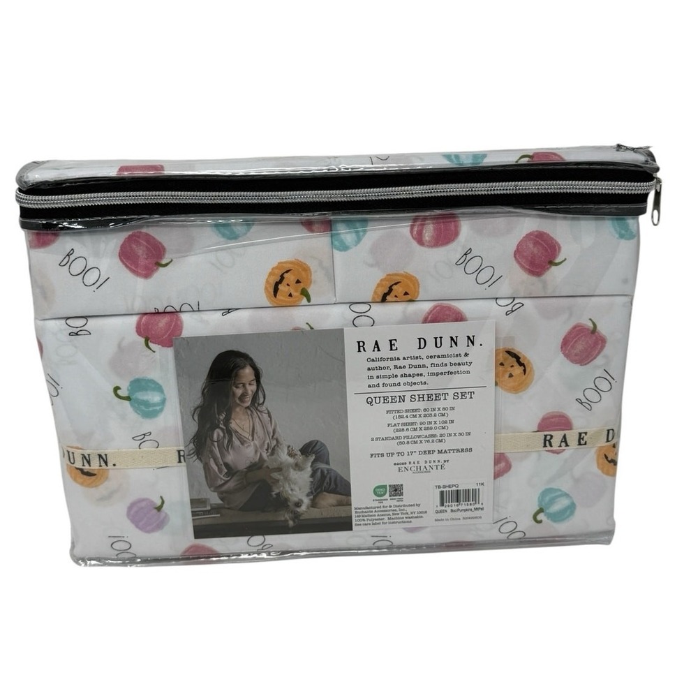 Rae Dunn Queen Sheet Set Halloween Boo Pumpkins White 4 Piece‎ New TB-SHEPQ